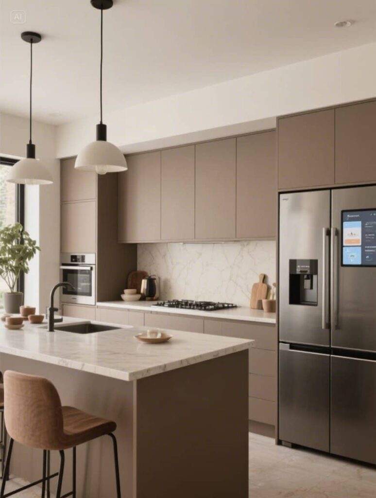 Contemporary kitchen in Ilford with soft matte cabinetry, smart appliances, and a central island