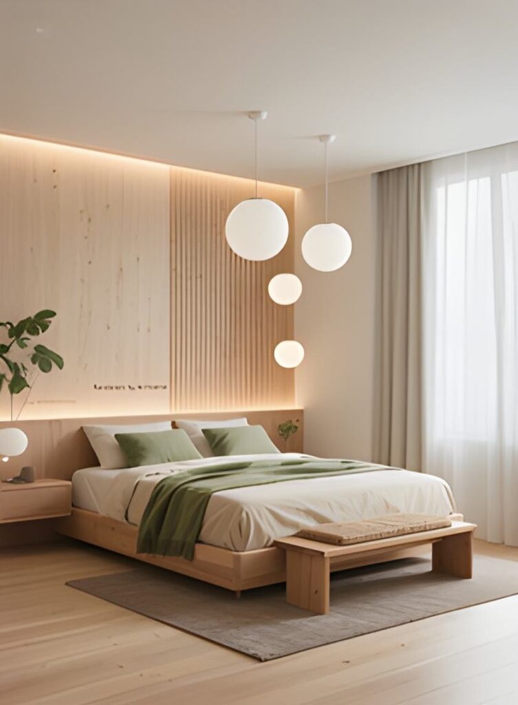 Cozy guest bedroom with soft lighting and warm-toned bedding