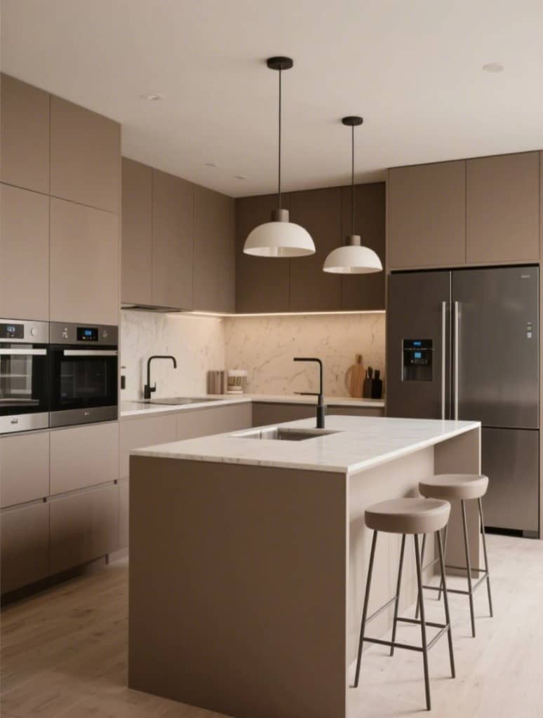 Contemporary kitchen in Ilford with soft matte cabinetry, smart appliances, and a central island