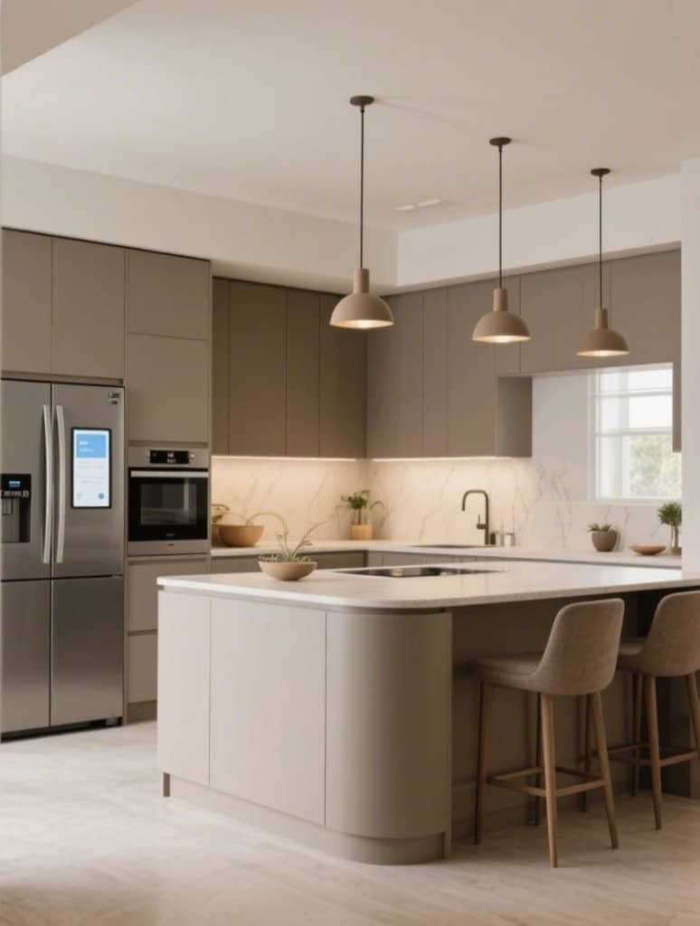 Contemporary kitchen in Ilford with soft matte cabinetry, smart appliances, and a central island
