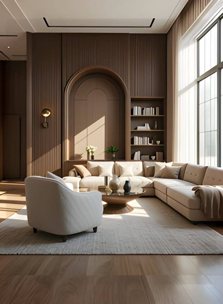 Modern living room in Ilford with curved furniture, houseplants, and smart LED lighting
