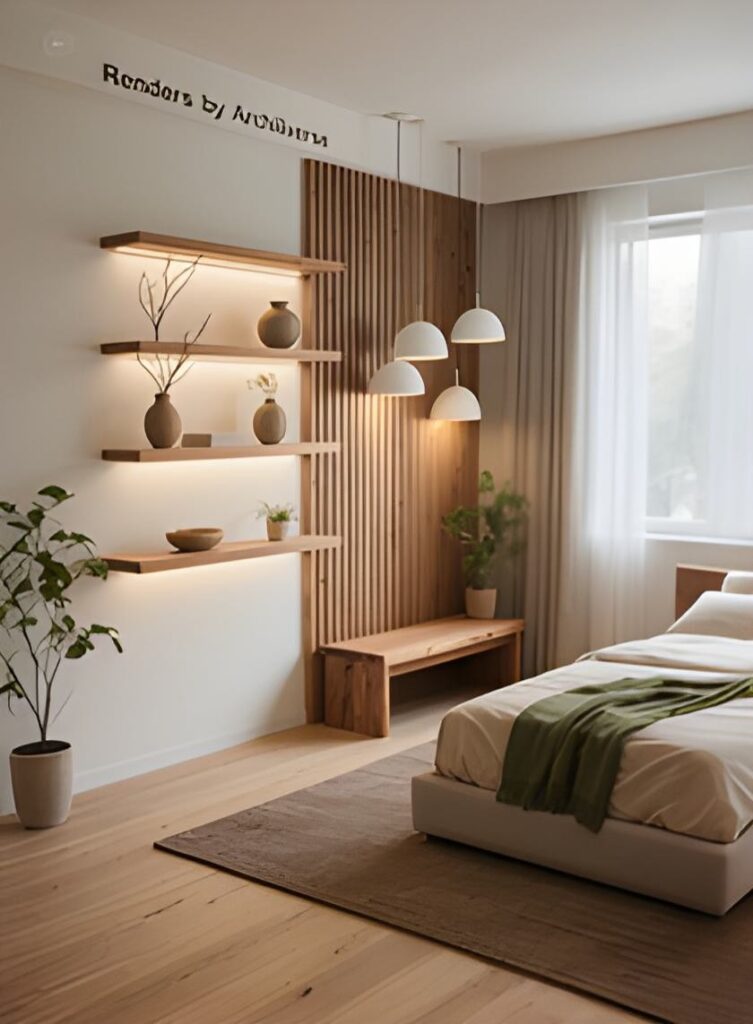 Small bedroom with built-in storage and minimalist design